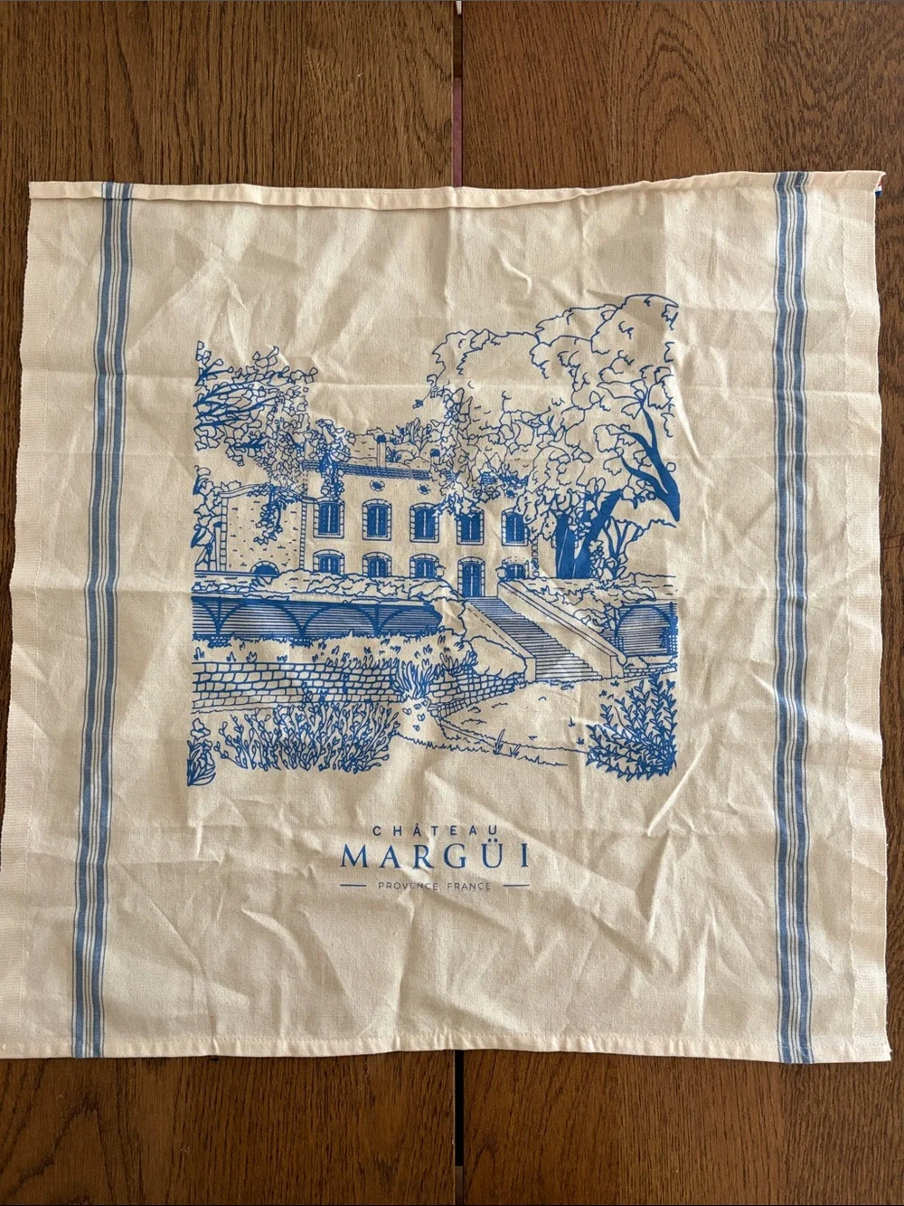THIEFFRY 100% Cotton Château Margüi Provence, France Blue & Cream Tea Towel